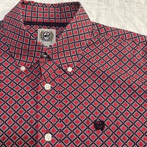 Cinch Men's Red Blue Geometric Print Button Down LS Cowboy  Western Shirt Med